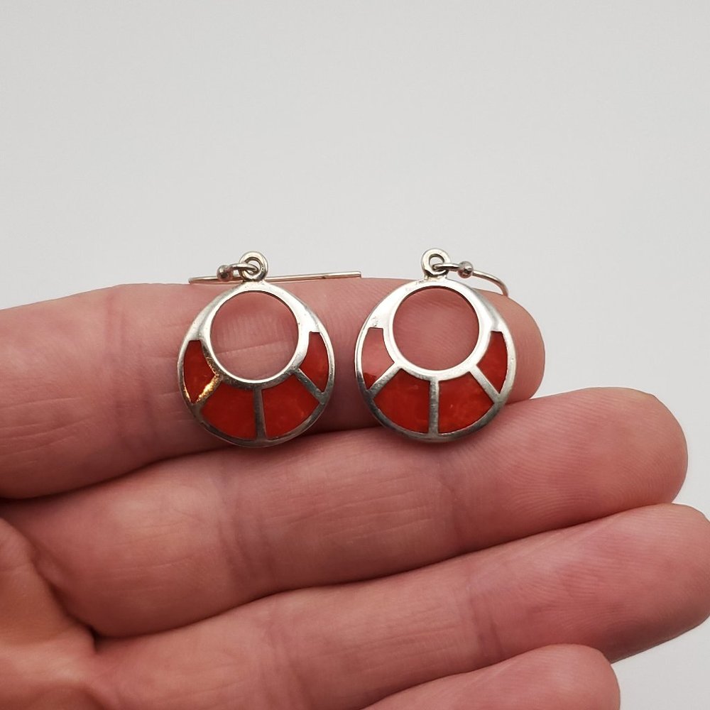 925 Sterling Silver Cute Swirling Red Inlay Dangle Earrings